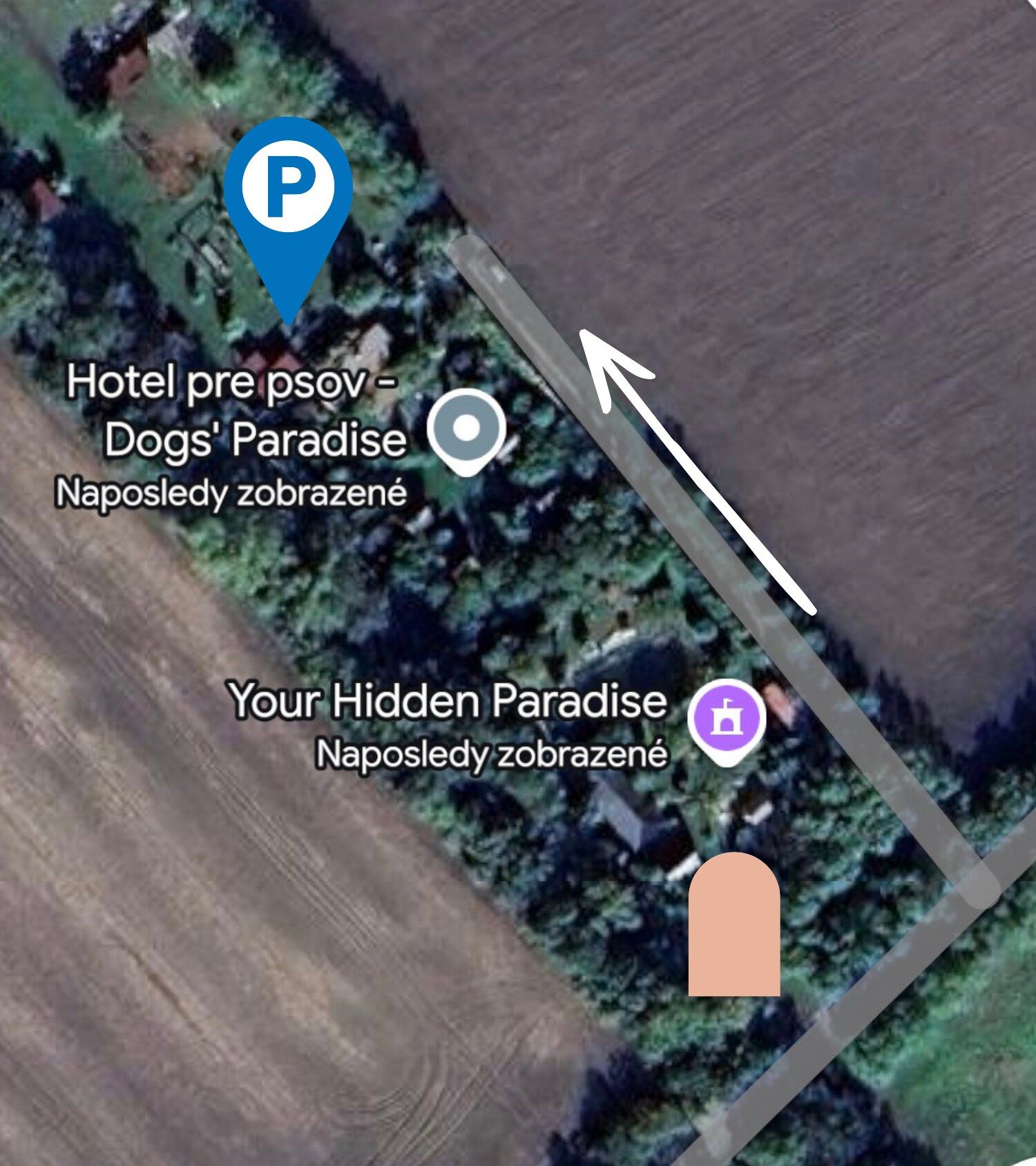 Letecká mapa: biela šípka vedie popri plote na parkovisko P, oranžový oblúk značí hlavnú bránu